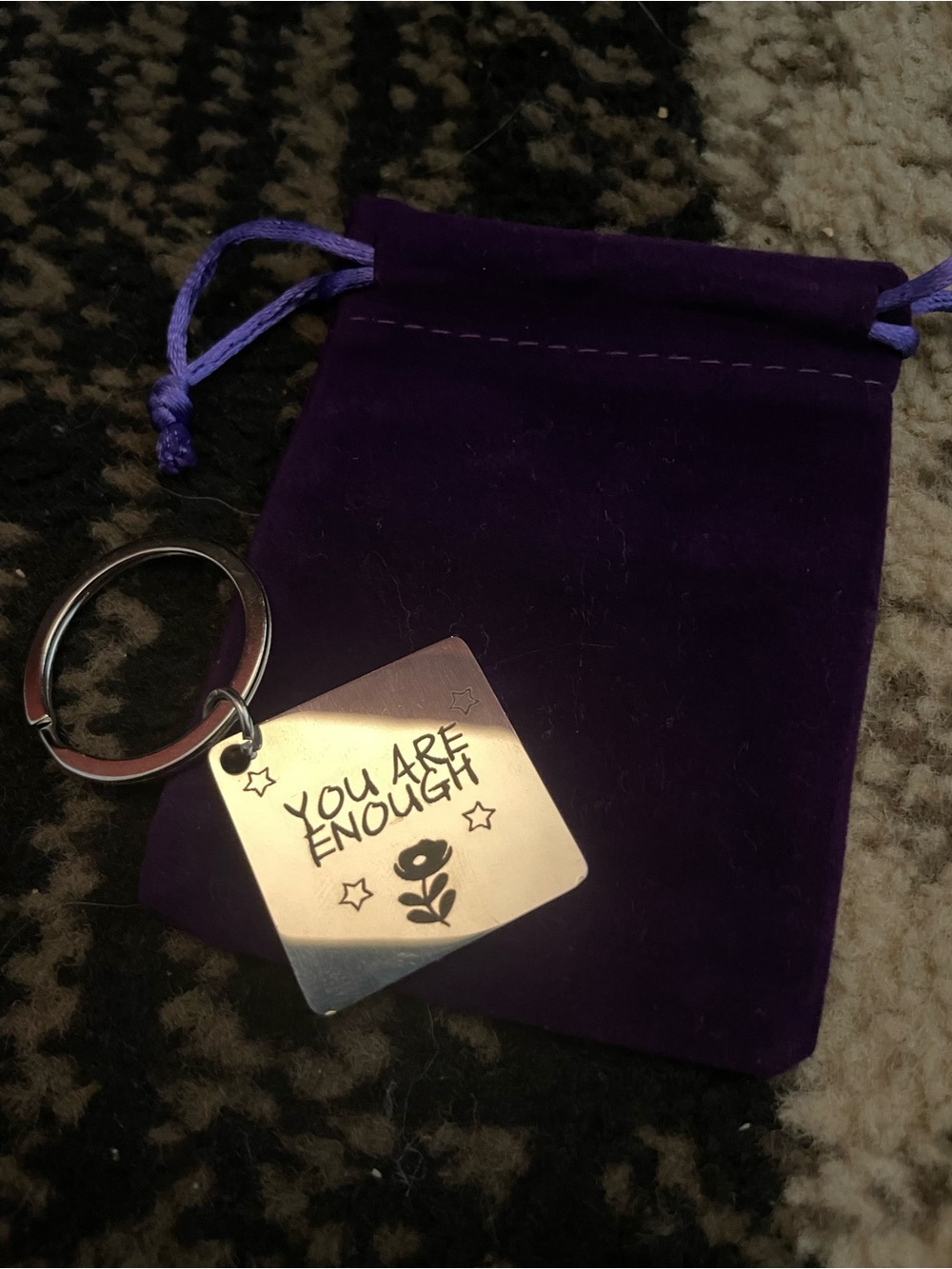 "You Are Enough" Silver Keychain with Flower Charm